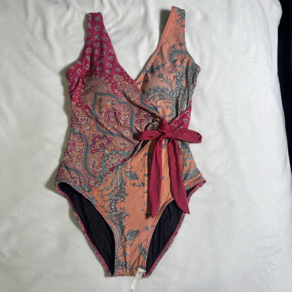 Sundance Swimsuit Size S Pink, Coral & Blue w/Front Cross Panel w/Tie & Lined